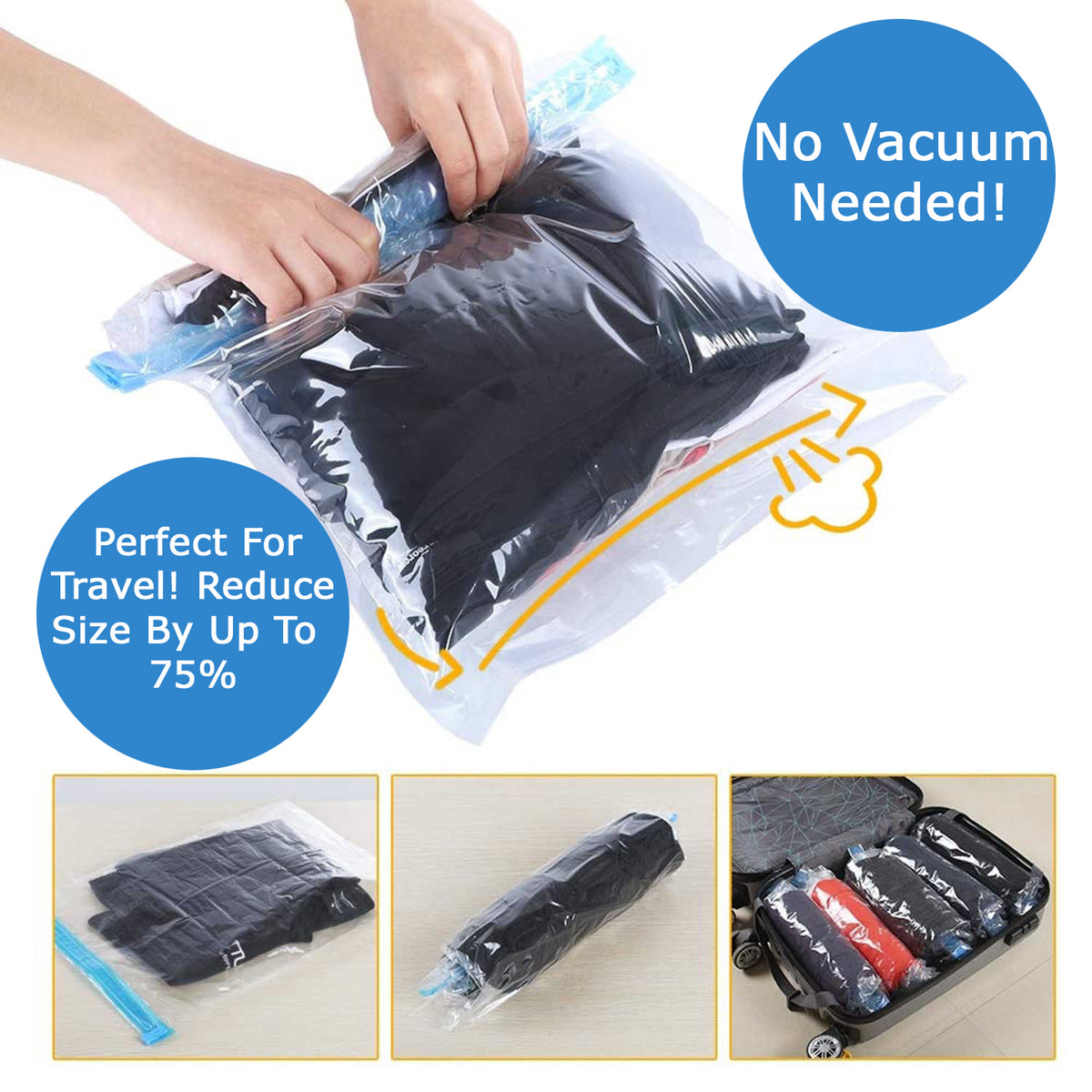 20 Travel Compression Bags Vacuum Packing, Roll Up Travel Space